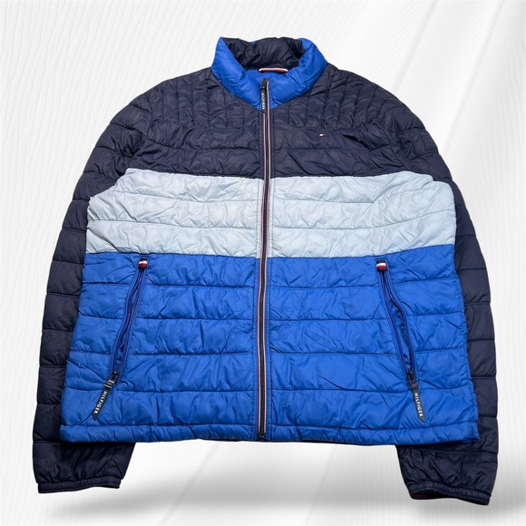 Tommy Hilfiger Color Block Puffer Jacket Mens XL Full Zip Lightweight - Picture 1 of 16